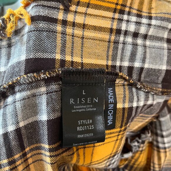 Risen Los Angeles Yellow Brown Plaid Frayed Hem Flannel Shirt Size L 100% Cotton - Picture 5 of 7
